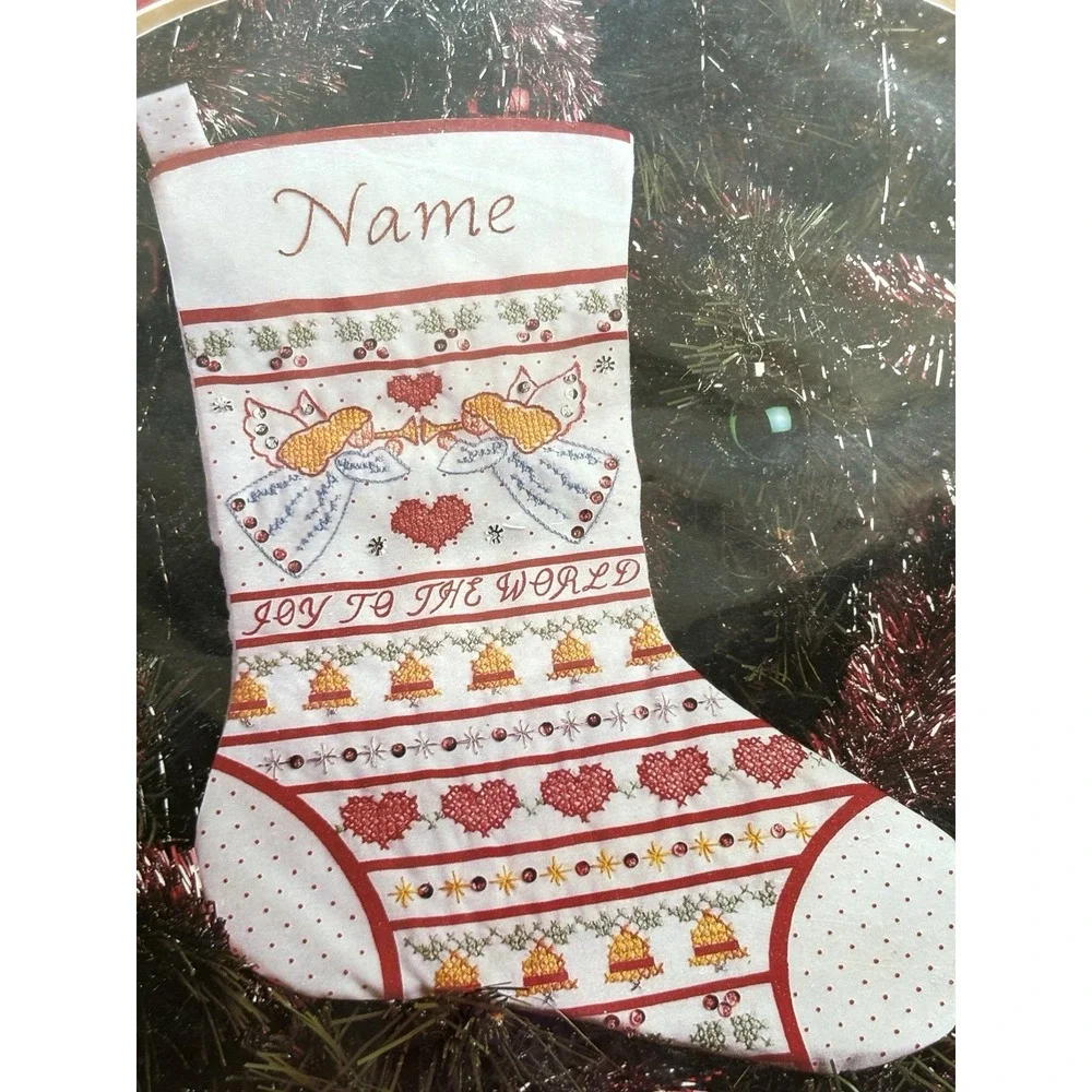 Vtg Vogart DMC Christmas Stocking Kit Stamped Cross Stitch Angel Sampler Joy NIP